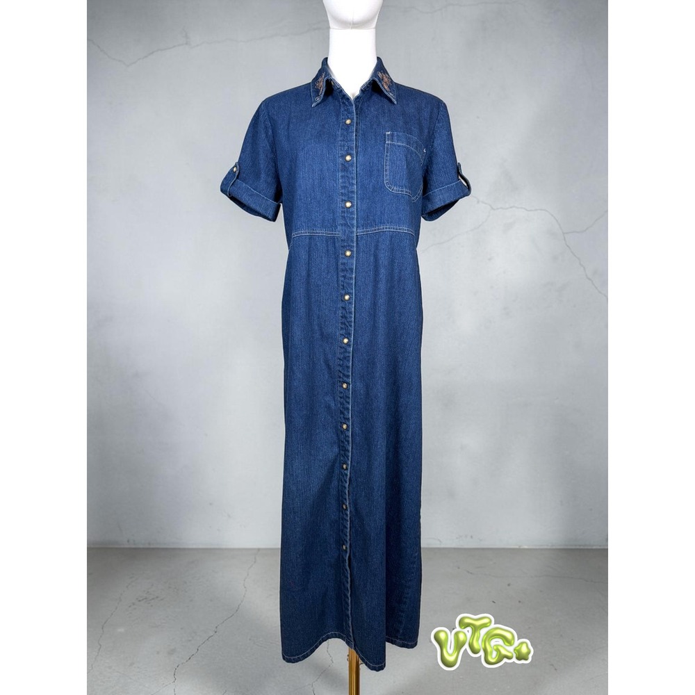 Vtg WHITE STAG Y2K Denim Maxi Shirt Dress Embroidered Collar Pearl Snap M (8/10)